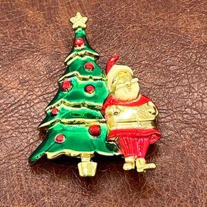 Vintage AJC Santa and Christmas Tree Enamel Pin Brooch Festive Holiday Gift 2"
